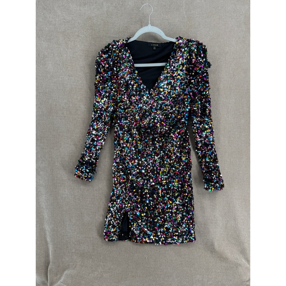 J.OUR Womens Multi Color Sequin V-Neck Long Sleeve Mini Dress Sz M Party Night